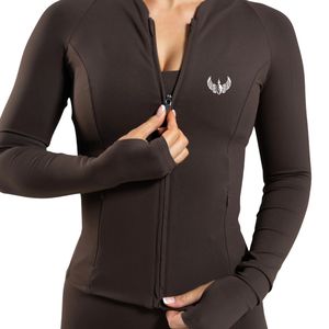Women's Brown Full Zip Training <b>Jacket</b> with Thumb Holes Long Sleeve Stretch Gym Fitness Running Yoga <b>Workout</b> Activewear Sports - Product Image 2