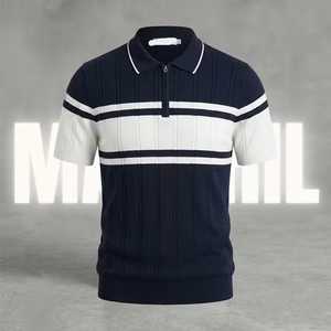 Camisa de punto trenzado con bloques de color y media cremallera para hombre |   Camiseta de Punto de Manga Corta, Secado Rápido, Color Blanco Marino |   Bordado 100% Algodón Personalizado - Product Image 4