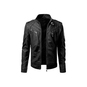 Blouson moto homme en cuir PU vert, col montant, fermeture éclair, coupe ajustée, style automne, manches classiques - Product Image 5