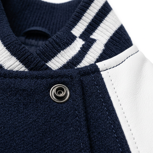Men's Navy White Varsity <b>Jacket</b> Preppy Style <b>Fleece</b> <b>Lined</b> Regular Fit Stand Collar Covered Button Closure Breathable - Product Image 6