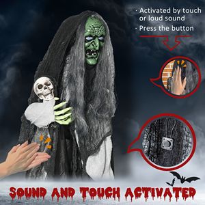Bruja Verde de Tamaño Real de 65 Pulgadas con Calavera, Decoración Animada para Halloween con Sonido y Activación por Movimiento, Decoración para Exteriores - Product Image 6