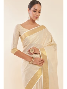 Sari en soie Kasavu KV Gold Tissue avec pallu et bordure Zari, réversible et infroissable, chemisier non cousu inclus - Product Image 4