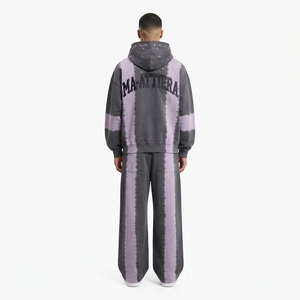 Conjunto de Sudadera con Capucha y Pantalones Tie Dye Gris Púrpura para Hombre, Sudadera con Cremallera y Detalles de Tachuelas, Pantalones de Pierna Ancha, Chándal de Dos Piezas Estilo Urbano - Product Image 2