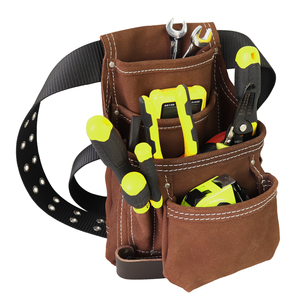 Brown Leather <b>Tool</b> <b>Roll</b> With Multiple Pockets Hammer Holder Screwdriver Wrench Pliers Tape Measure Cell Phone Storage Waist <b>Bag</b> - Product Image 2