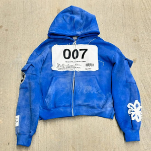 Sweat à capuche zippé pour homme en molleton épais, coupe courte, style streetwear personnalisé, avec patch brodé appliqué effet vieilli et délavé à l'acide - Product Image 4