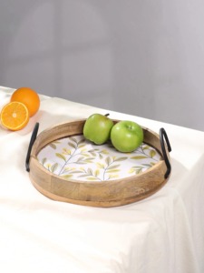 Top Best Selling Round Wooden Serving <b>Tray</b> with <b>Black</b> Metal Handles Nordic Plant Leaf Pattern Eco-Friendly Platter <b>Tray</b> For Home - Product Image 1