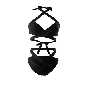 Conjunto de bikini sexy de cintura alta con tiras y estampado animal para mujer, microbra con cristales y diseño hueco entrecruzado, ropa de playa OEM ODM - Product Image 6