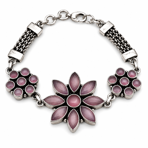 Bracelet ethnique en laiton plaqué argent antique avec perles, fleurs, quartz rose et zircon pour femme - Cadeau d'anniversaire - Direct Usine - Product Image 1