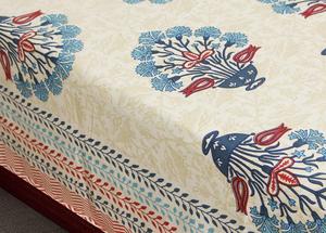 Parure de lit ethnique en coton pur à imprimé floral, drap double et taies d'oreiller assorties, crème et bleu, vente en gros - Product Image 4