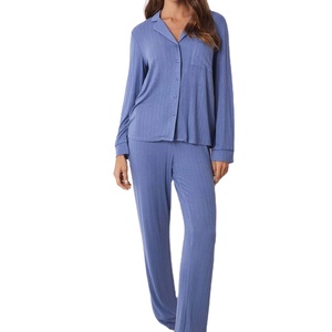 Conjunto de Pijama de Algodón de 2 Piezas para Mujer, Manga Larga, Azul Sólido, Ropa de Dormir Clásica, Cierre de Botones en la Parte Delantera, Cuello Camisero - Product Image 1