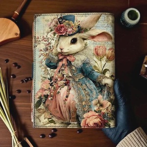 200 Hojas de Papel Hecho a Mano Estilo Victoriano con Diseño de Conejo - Cuaderno Grimoire con Borde Rústico y Acabado Acuarela - Libreta Vintage de Cuero con Motivos de Conejo Multicolor - Product Image 5