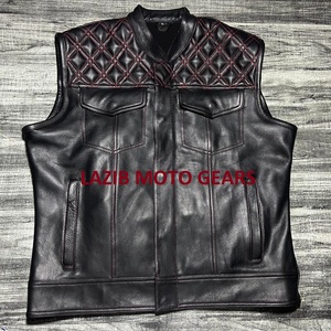 Men Genuine Cowhide Leather Motorcycle Vest <b>Quilted</b> Shoulder Biker Riding Waistcoat Custom Logo Motorbike Protective Apparel - Product Image 3