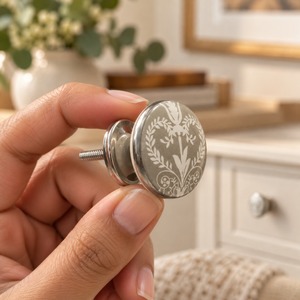 SHUBHAM Perilla Redonda Vintage con Diseño Floral, Tirador Decorativo Gris Blanco para Cajones con Borde Metálico para Cómodas y Armarios - Product Image 4