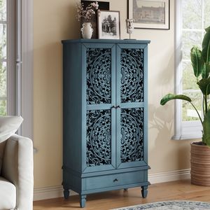 Mobiletto Rustico Alto 55 cm con Cassetto, Armadietto Decorativo a 2 Ante in Legno Intagliato, Gambe in Legno Massello per Arredamento Soggiorno - Product Image 4