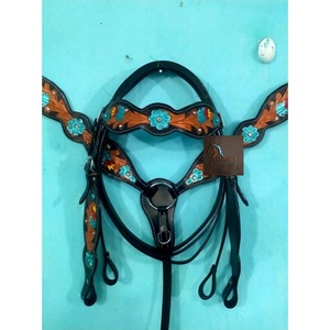 Ensemble de têtière et de collier de poitrine en cuir noir pour cheval, motif floral turquoise peint à la main, équipement équestre western - Product Image 1