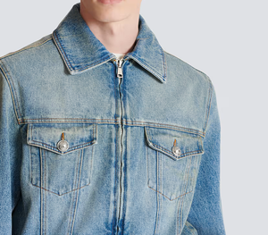 Veste en jean éco-responsable pour homme, nouvelle tendance, effet délavé léger, effet aléatoire, style streetwear hiver, fermeture éclair - Product Image 5
