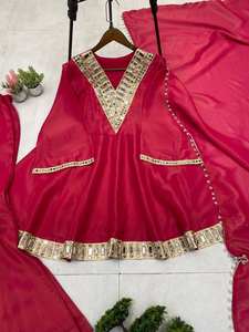 Conjunto de Top y Pantalones Plazzo de Tela Cosmos con Bordado de Espejo Real y Dupatta de Encaje Moti, Completamente Cosido, Tallas S, M, L, XL y XXL - Product Image 5