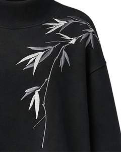 Sudadera Oversize de Forro Polar para Mujer Negra, Cuello Alto, Bordado de Bambú, Casual, Cálida para Invierno, Algodón Poliéster, Ajuste Holgado - Product Image 5