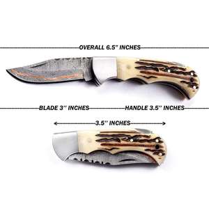 <b>Prime</b> Crafts International High Hardness Copper Damascus Steel Folding Pocket Knife With Antler Handle EDC Outdoor Camping - Product Image 5