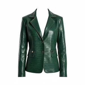 Blazer en similicuir vert à motif crocodile gaufré, simple boutonnage, col rabattu, manches longues, veste d'automne pour femme - Product Image 1
