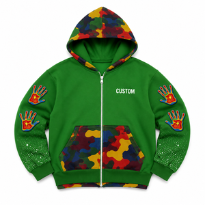 Custom Camo Pocket Graphic Handprint Hoodies Full <b>Zip</b> Heavyweight Cotton Street Fashion Pullover ODM Private Label Manufacturer - Product Image 3