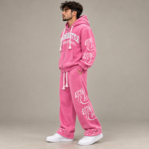 Conjunto de chándal de corte y confección con efecto desgastado, de tejido grueso, rojo con lavado ácido, con remaches, sudadera con capucha con cremallera y pantalones de chándal apilados, estilo streetwear, al por mayor - Product Image 2