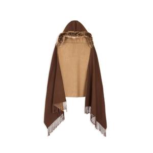 Reversible <b>Wool</b> Shawl With Fur Trim And Fringe For Women Winter Solid Color <b>Wrap</b> Cape - Product Image 3