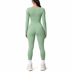Women <b>Seamless</b> 2 Piece Yoga <b>Set</b> Crew Neck Long Sleeve <b>Top</b> <b>and</b> Full Length <b>Leggings</b> - Product Image 2