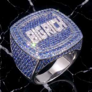 Customize <b>Name</b> Blue Color Moissanite Hip Hop Mens <b>Ring</b> Fine Jewelry 925 Sterling Silver Unique Colored Party Charms - Product Image 1