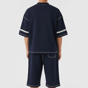 Nouveauté : Ensemble été homme rayé à manches longues, t-shirt oversize et short long, tenue décontractée streetwear deux pièces, logo personnalisé - Product Image 4