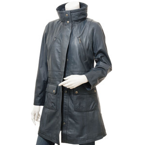 Women's Genuine <b>Leather</b> <b>Long</b> Utility <b>Jacket</b> With Stand Collar Zipper Closure Full Sleeve Windproof Winter Wear - Product Image 6