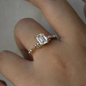 Vintage Emerald Cut Moissanite Engagement Ring Unique Round Cluster Moissanite Ring Yellow Gold Double Prong Anniversary ring. - Product Image 4