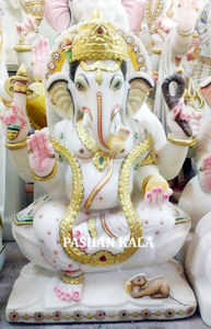 Exclusiva y Hermosa Estatua de Shri Ganesh Ji en Mármol Blanco, Colorida, en Posición Sentada con Mano de Bendición, para Templo, Venta al por Mayor - Product Image 6
