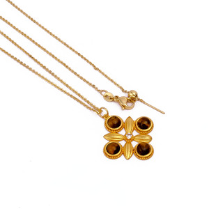 Tiger Eye Round Cabochon Gemstone in 18K Gold Plated Brass Pendant <b>Necklace</b> Bohemian Style Clover Shape <b>Statement</b> Jewelry - Product Image 2