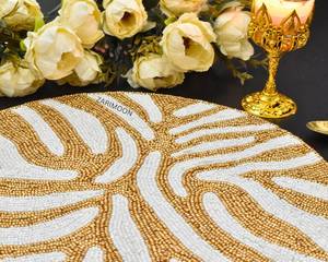 Handmade <b>Beaded</b> <b>Placemat</b> Charger White Gold Serengeti Pattern Eco-Friendly Polyester/Cotton Home Decor Table Mat Centrepiece - Product Image 3