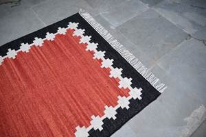 Handwoven <b>Wool</b> & Cotton Rug Black Brown Geometric Border Flatweave Reversible Washable Carpet Home Use - Product Image 5