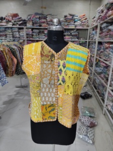 Yellow Patchwork <b>Quilted</b> Vest Women's V-Neck Sleeveless <b>Jacket</b> Hand Embroidered Cotton Summer Woven <b>Patterned</b> Top GIFT FOR HER - Product Image 1