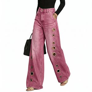 Jean en denim taille haute pour femme, coupe large, avec superposition jupe asymétrique, boutons sur le devant, marron délavé, automne - Product Image 2