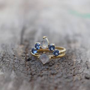 Bague de promesse en pierre de lune naturelle et saphir, pierre de lune bleue, argent sterling 925 plaqué or 14 carats, bague délicate, cadeau - Product Image 1