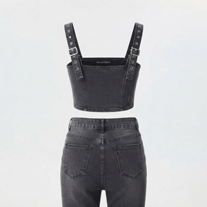 Women <b>Black</b> Denim Two Piece Set <b>Cropped</b> Overall Style <b>Top</b> High Waist Skinny Jeans Streetwear Fashion Outfit - Product Image 4