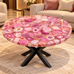Mesa de Centro Redonda Moderna Hecha a Mano con Resina de Ágata Rosa y Base en X de Metal Negro para Sala de Estar - Product Image 1