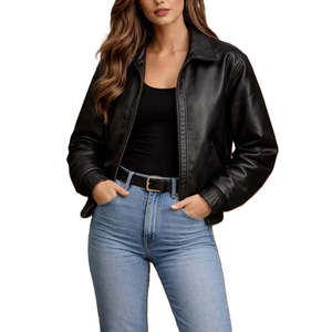 Blouson Bomber Classique Minimaliste en Cuir Véritable pour Femme avec Fermeture Éclair et Tissu Tissé – Manteau Urbain Automne - Product Image 4