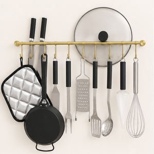 Support mural moderne doré en acier inoxydable pour cuisine, avec crochets, pour ustensiles et spatules - Product Image 5