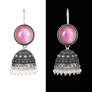 Pendientes Jhumka de Latón Rosa con Piedra Monalisa, Plata Oxidada, Perlas de Imitación Hechas a Mano, Estilo Étnico Indio Bohemia para Boda, Venta al por Mayor - Product Image 4