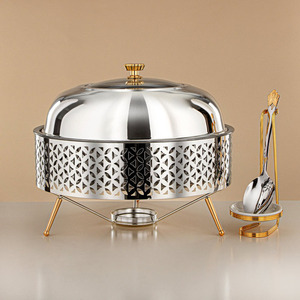 Round Stainless Steel Chafing Dish Laser Cut Arabic Design Buffet Food <b>Warmer</b> with Glass Lid and Gold Accents & <b>Legs</b> for Hotel - Product Image 1