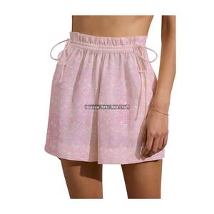 Shorts de week-end pour femmes à cordon de serrage, imprimés au bloc, en coton, pour l'été, la détente et la plage - Product Image 1