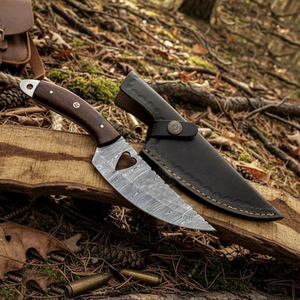 Couteau de chasse OEM Wirecut en acier Damas, lame fixe, manche en bois, couteau de camping et d'extérieur EDC avec étui en cuir - Product Image 1