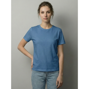 T-shirt en coton bleu pour femme, style bohème, col rond, tissu doux et respirant, coupe décontractée, tenue décontractée pour tous les jours, été, Inde - Product Image 1
