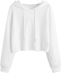 <b>Women's</b> <b>White</b> Cropped <b>Hoodie</b> Long Sleeve Casual Solid Color Knitted Sweatshirt Autumn Breathable 100% Cotton Unlined - Product Image 1