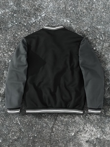 Men's Black Bomber Jacket Turn-Down Collar Knitted Polyester Casual Autumn Style Single Button Closure - Product Image 2